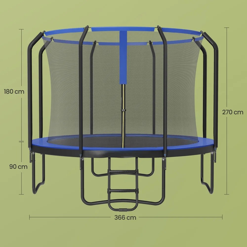 Trampolim para crianças 366 cm de jardim com rede de segurança, cobertura lateral preto-azul