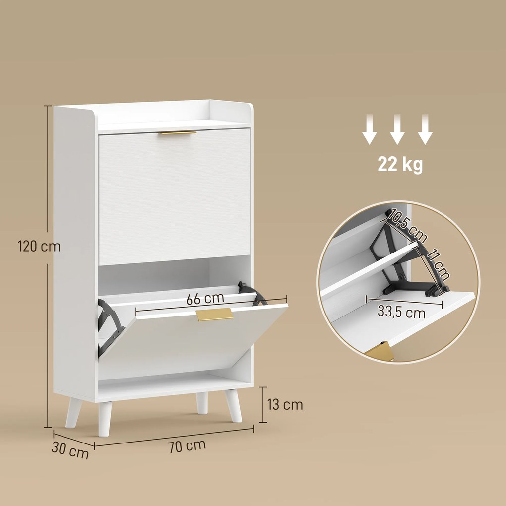 Sapateira com capacidade 70 L x 30 P x 120 A cm para 12 pares, armário estreito com 2 gavetas rebatíveis e prateleiras ajustáveis, branco