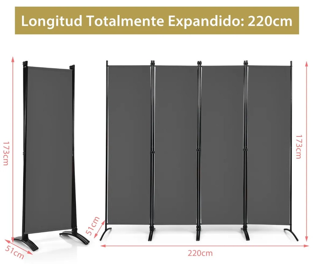 Biombo de 4 painéis Divisória dobrável Divisória de paredes de fibra Proteção de privacidade 220 x 51 x 173 cm Cinza