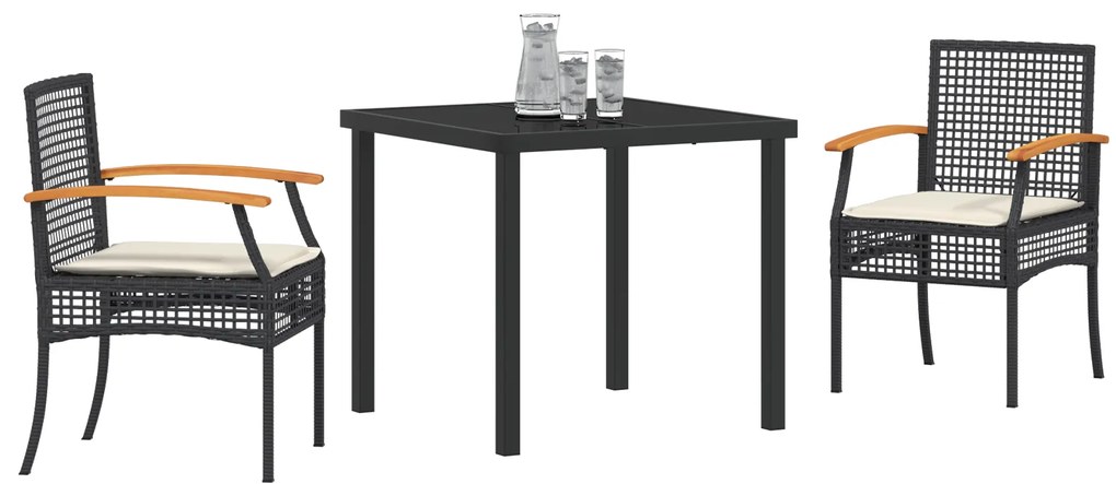 Conjunto de Jantar de Jardim de 3 Peças com Almofadas Preto Rattan Pol