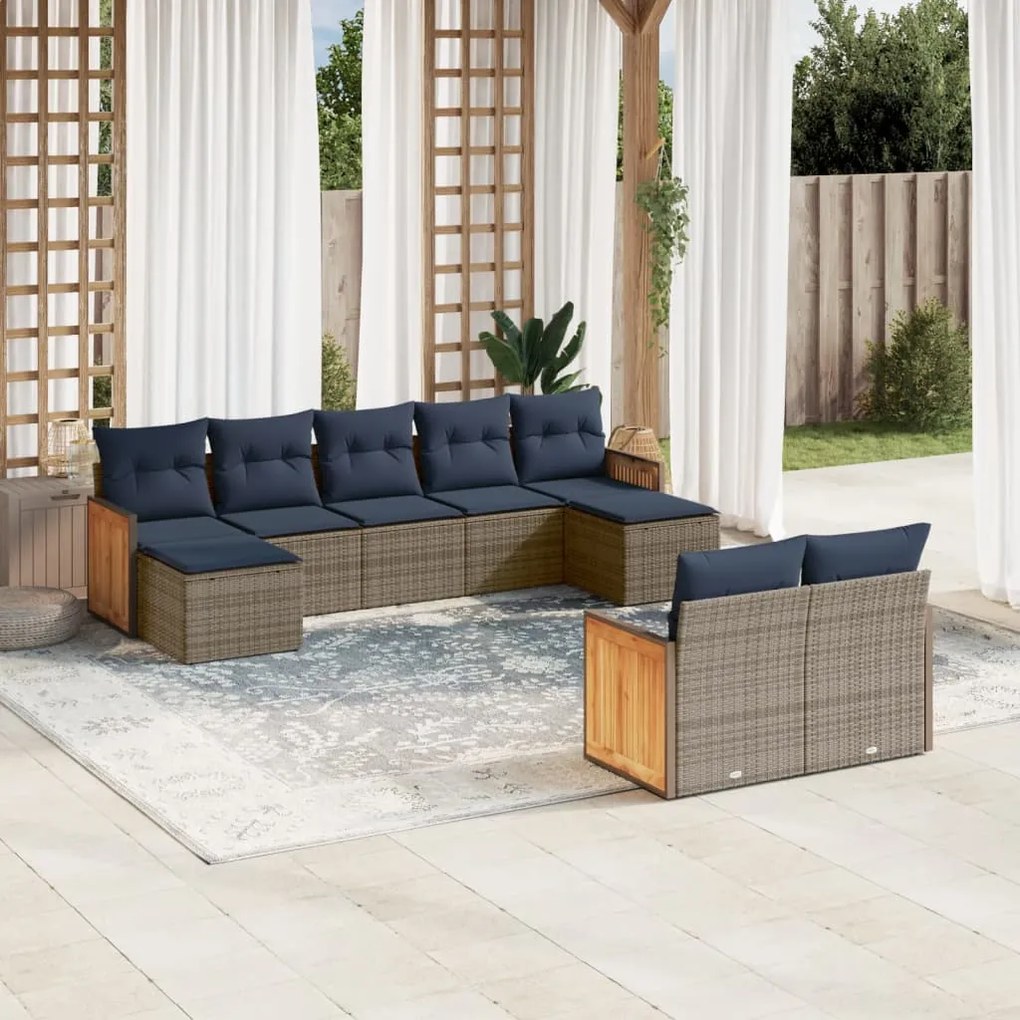 vidaXL 9 pcs conjunto sofás p/ jardim c/ almofadões vime PE cinzento