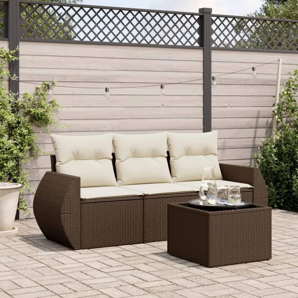 4 pcs conjunto sofás de jardim c/ almofadões vime PE castanho