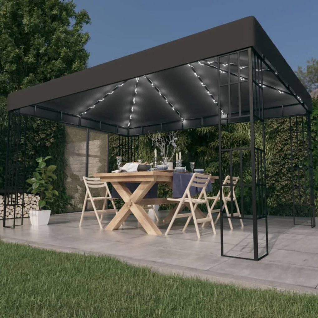 vidaXL Gazebo com cordões de luzes LED 3x4 m antracite