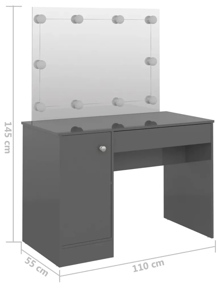 Mesa de maquilhagem c/ LEDs 110x55x145 cm MDF cinza brilhante