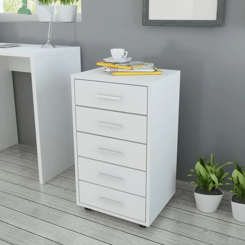 243064 vidaXL Unidade 5 gavetas p/ escritório com rodas, branco