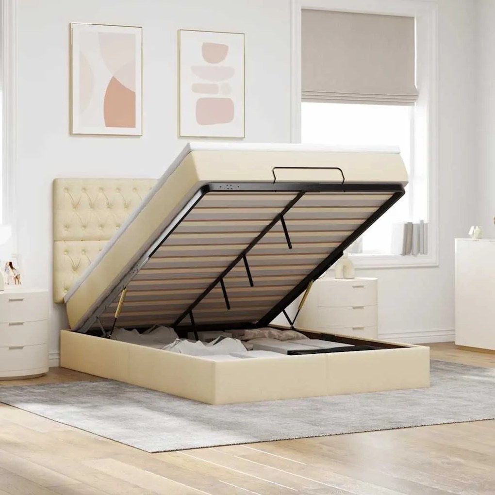 Estrutura de cama otomana com colchão tecido creme 140x200cm
