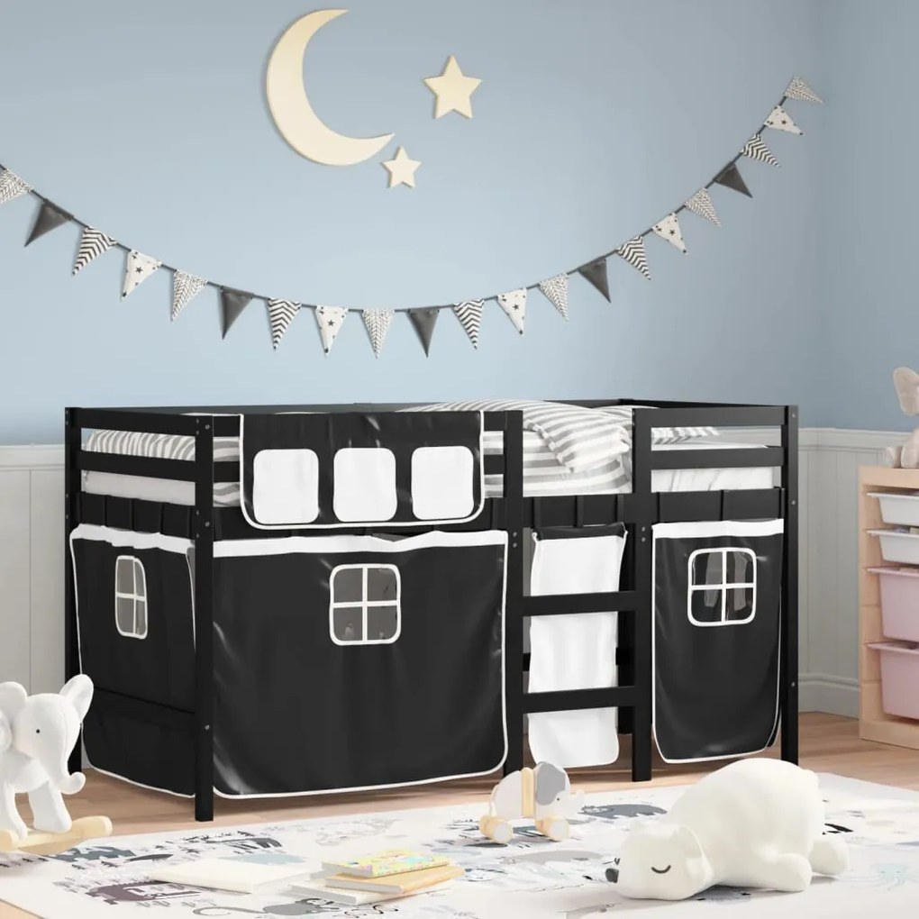 vidaXL Cama alta criança c/ cortina 90x200cm pinho maciço branco/preto