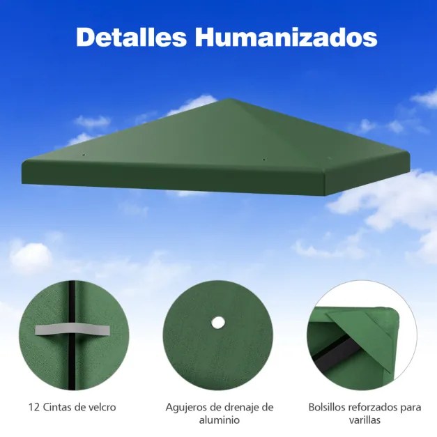 Toldo de substituição para tenda de 300 x 300 cm de poliéster para pátio com orifícios de drenagem em velcro verde