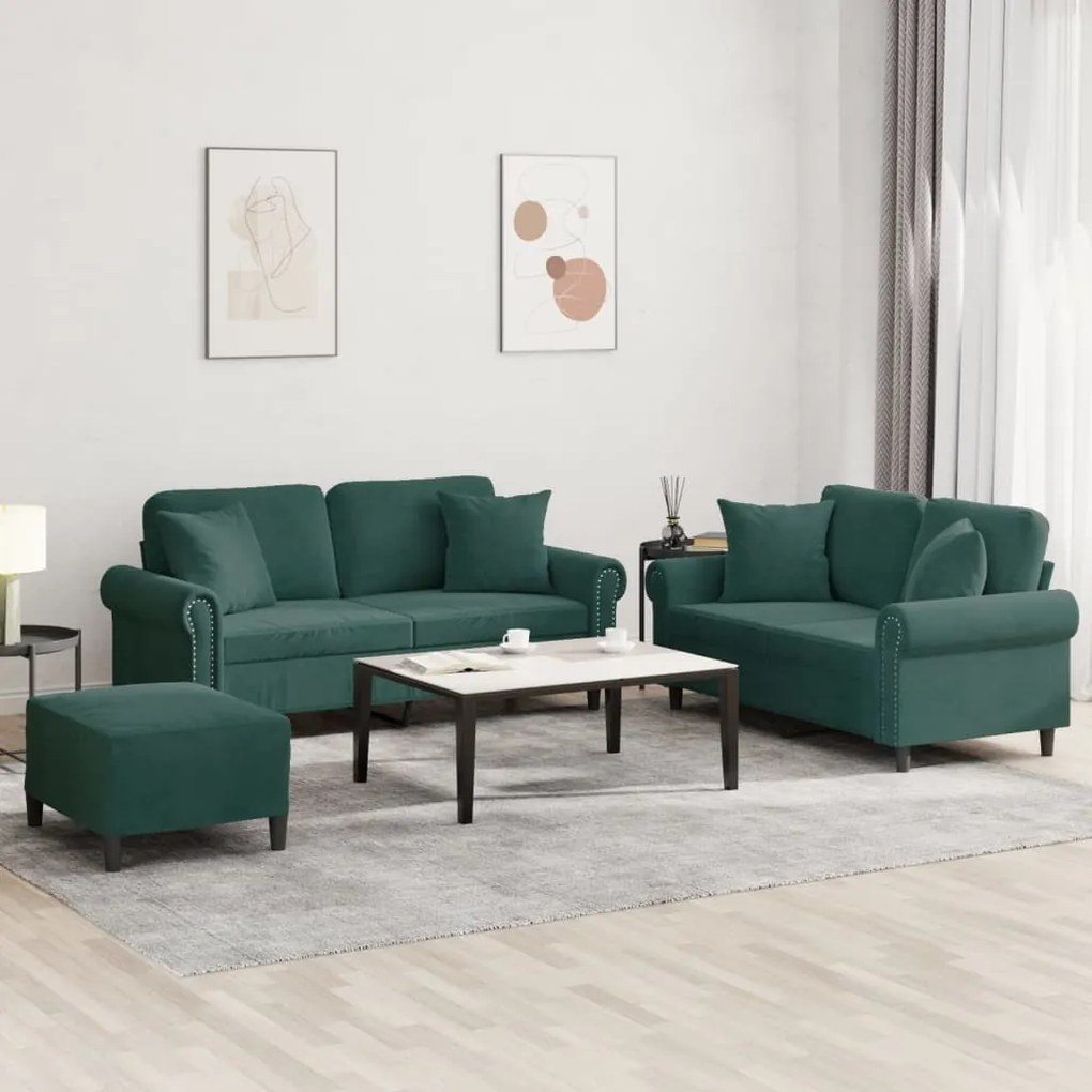 3 pcs conjunto de sofás com almofadas veludo verde-escuro