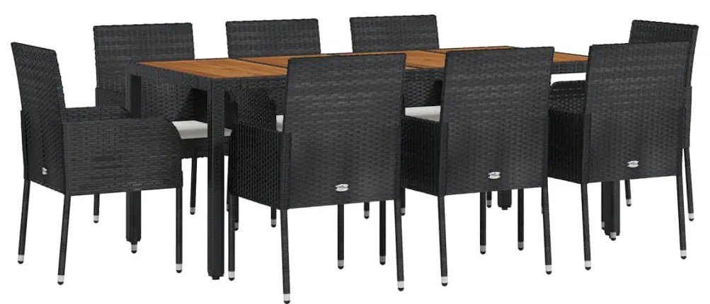 9 pcs conjunto de jantar p/ jardim c/ almofadões vime PE preto