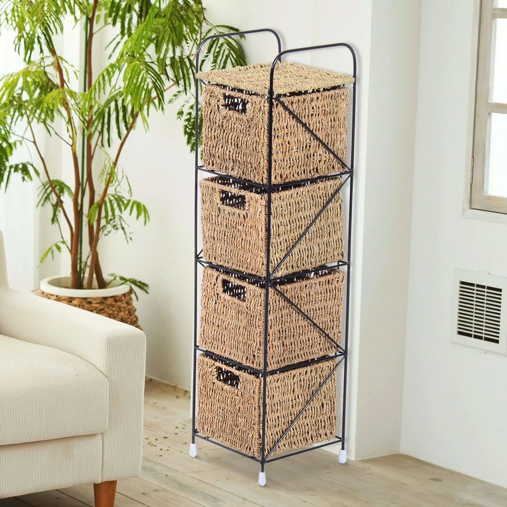 HomCom® Prateleira Cor Vime Natural e Preto Vime Metal 20x20x78cm