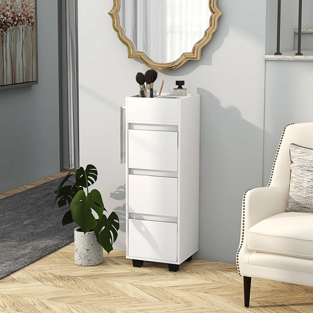 Móvel de arrumação para casa de banho com 4 compartimentos, 3 gavetas e toalheiro, 35 x 30 x 90 cm, branco