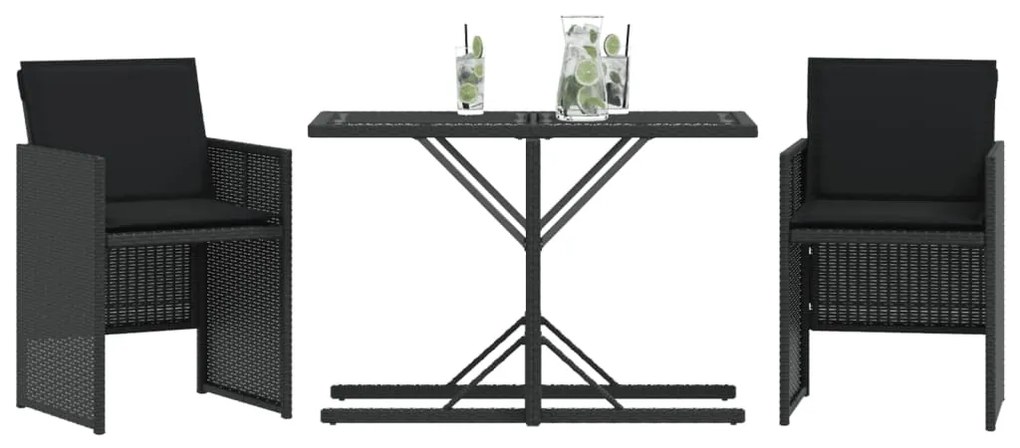3 pcs conjunto de bistrô com almofadões vime PE preto