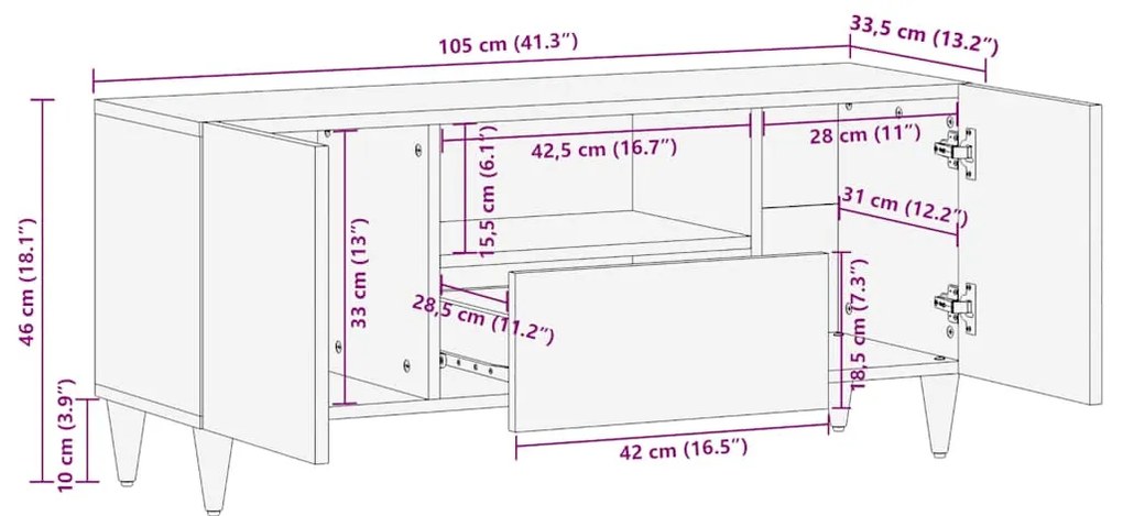 Móvel TV cinzento claro 105x33,5x46 cm madeira mangueira maciça