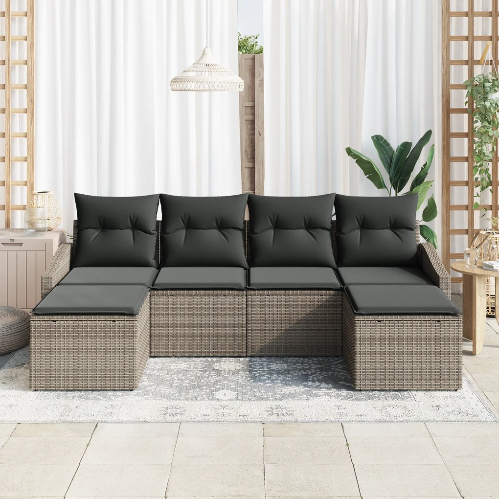 Conjunto de Jantar de 6 Peças com Almofadas Rattan Poliéster Cinza