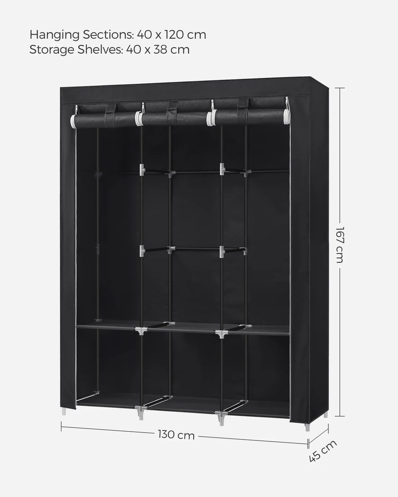 Guarda Roupa em tecido com 3 varões para roupa e 4 bolsos laterais 45 x 130 x 167 cm Preto
