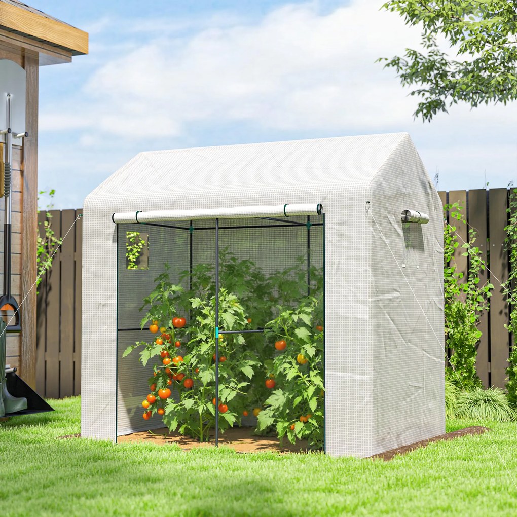 Estufa de jardim em PE 200 x 140 x 200 cm, estufa de varanda, lona reforçada de 135 g/m², estrutura em aço, porta com fecho de correr, branca