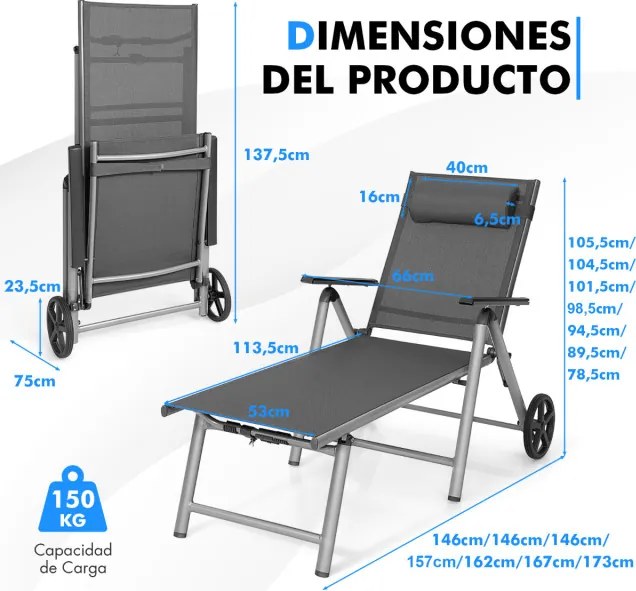 Conjunto de 2 Espreguiçadeiras de Exterior, 175 x 75 cm, Encosto Ajustável em 7 Níveis, Cinzento