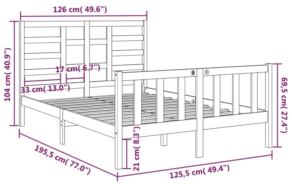 Estrutura cama pequena casal 120x190 cm pinho maciço preto