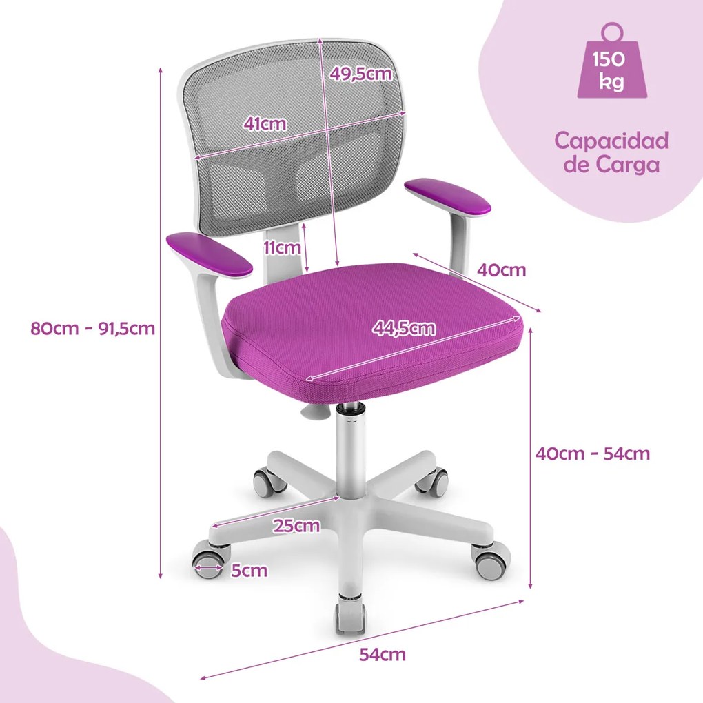 Cadeira de secretária ergonómica para crianças com rodas Cadeira giratória para computador Apoio lombar ajustável em altura Violeta