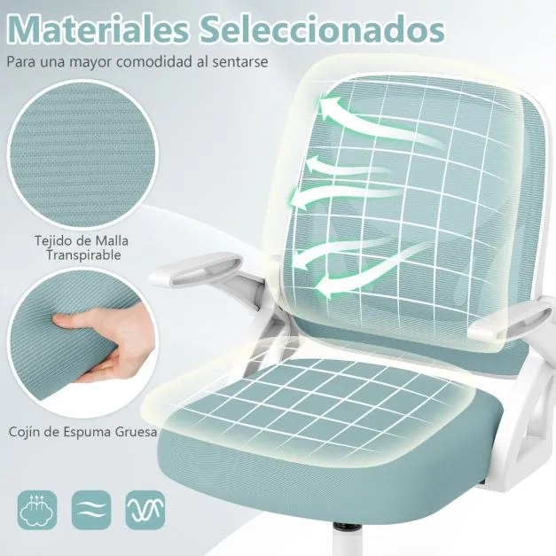Cadeira de escritório ergonómica com apoio lombar integrado, apoios de braços rebatíveis, rodas universais, altura ajustável, Azul