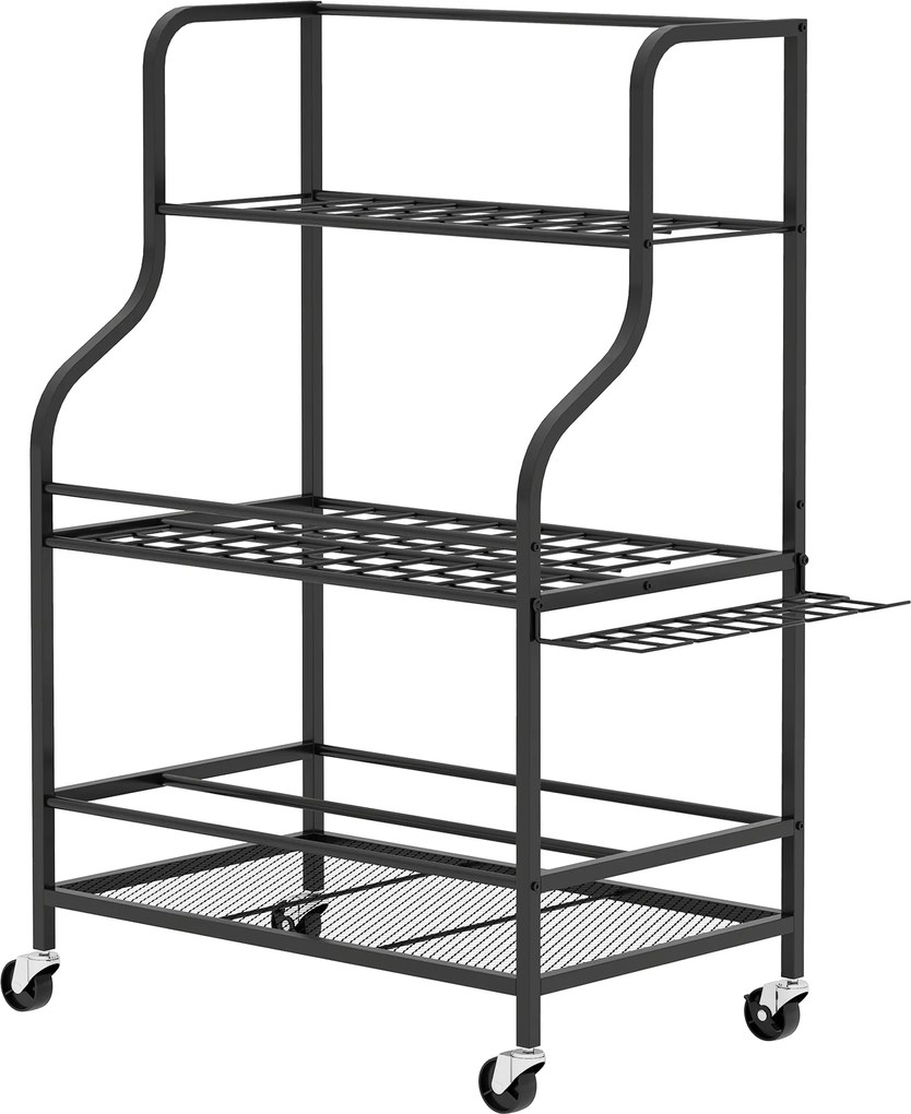 Organizador de ferramentas de jardim, suporte para ferramentas de jardim com 54 compartimentos, 5 ganchos de aço, sobre rodas, 3 níveis, preto
