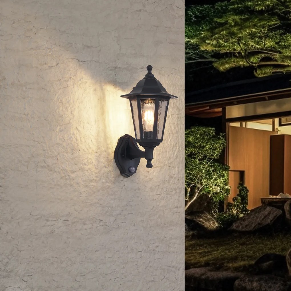 Candeeiro de Parede Exterior Preto com Sensor de Movimento IP44 - New Haven Hammered