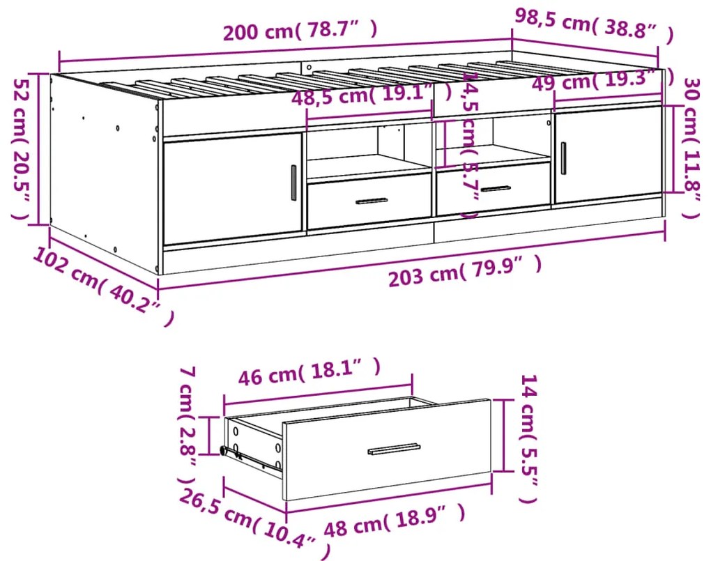 Sofá-cama com gavetas sem colchão 100x200 cm cinzento sonoma