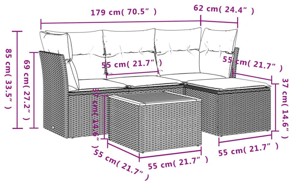 5 pcs conjunto de sofás p/ jardim com almofadões vime PE bege