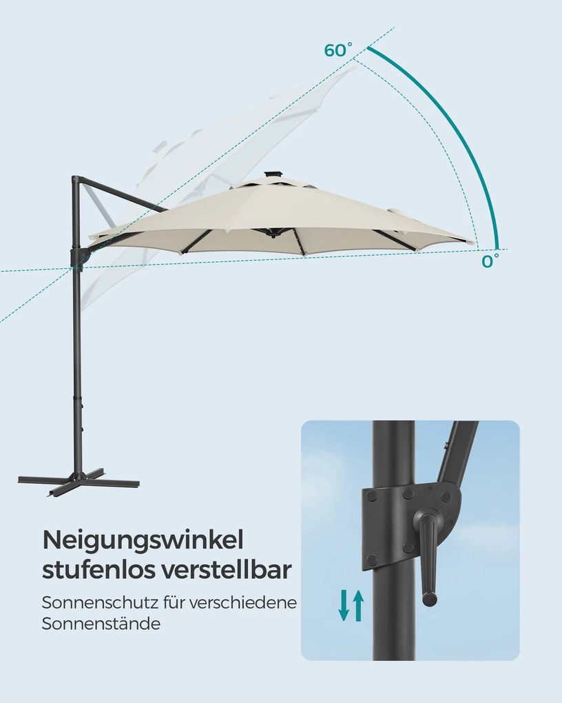 Guarda-sol jardim Ø 300 cm com luzes LED solares UPF 50+ rotativo 360º com base cruzada (SEM PESOS) branco creme