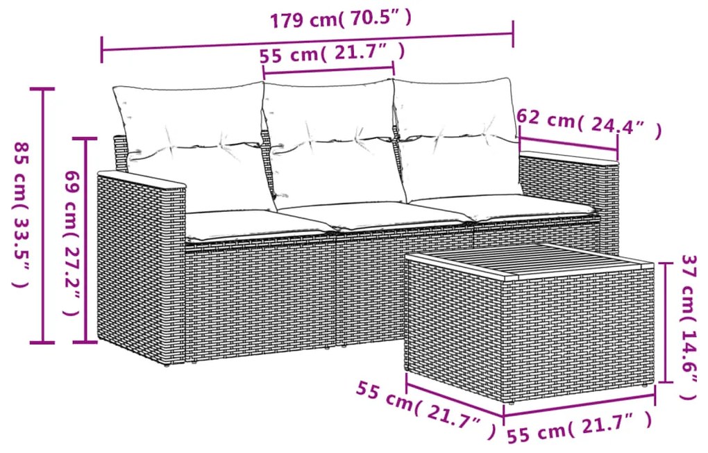 4 pcs conjunto de sofás para jardim c/ almofadões vime PE preto