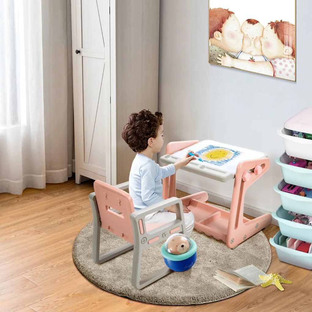 Conjunto de mesa e cadeira infantil de desenho magnético 2 em 1 com grande espaço ajustável em altura e acessórios para desenhar rosa