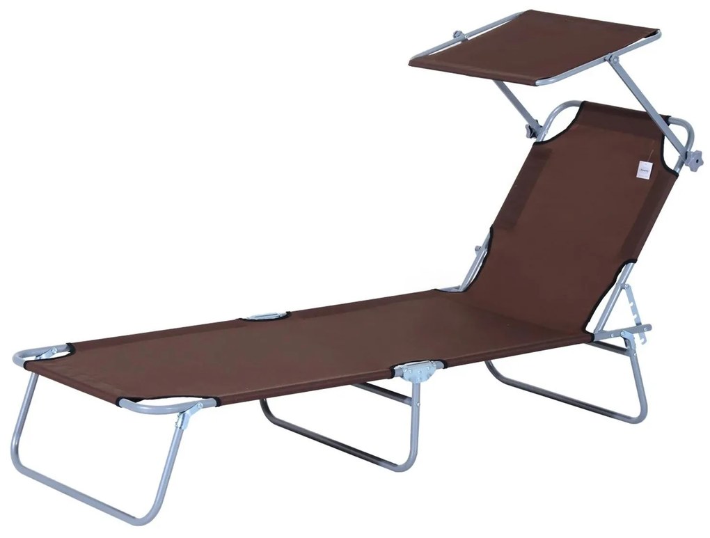 Outsunny Espreguiçadeira de Praia Dobrável Toldo Removível Ajustável Ângulo Jardim Terraço Campismo Confortável 187x58x36cm Castanho | Aosom Portugal