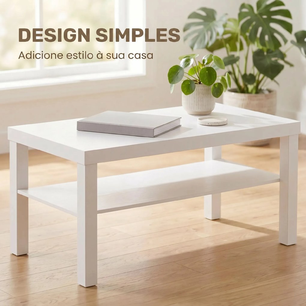 Mesa de Centro Mesa de Café para Sala com Prateleira Aberta Tampo Grosso para Sala Escritório 90x45x44,5 cm Branco