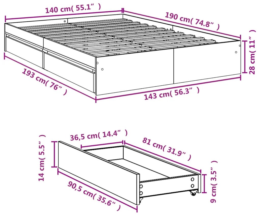 Estrutura de cama c/ gavetas 140x190 cm derivados madeira preto