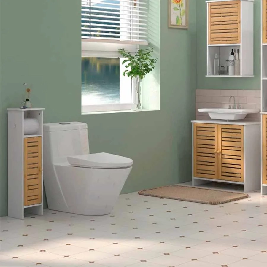 Coluna Casa de Banho Pequena Moderna Móvel Auxiliar Casa de Banho com Suporte para Papel Higiénico 21x17x78 cm Branco e Madeira