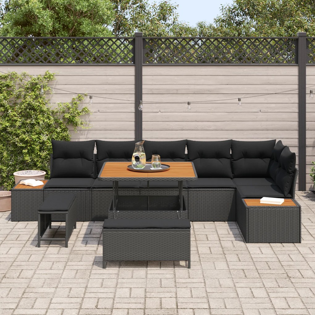 Conjunto de Sofá de Jardim vidaXL de 9 Peças com Almofadas Preto Ratta