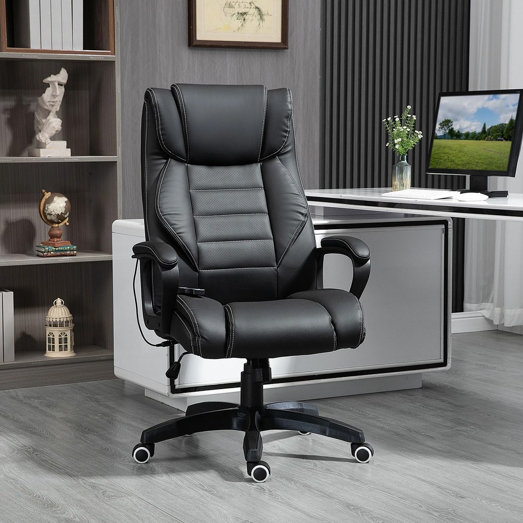 Cadeira de escritório com função de massagem, ergonómica de grande conforto, altura ajustável, encosto reclinável, revestimento sintético preto