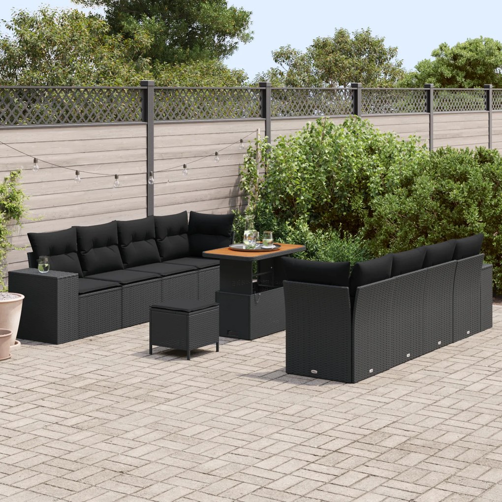 Conjunto de Sofá de Jardim de 11 Peças com Almofadas Preto Rattan Poli