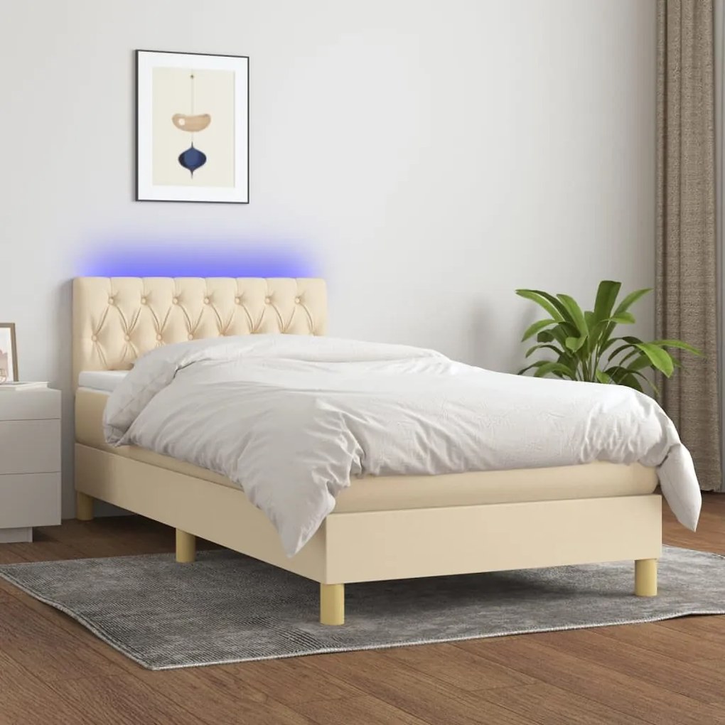 Cama box spring c/ colchão e LED 90x200 cm tecido cor creme