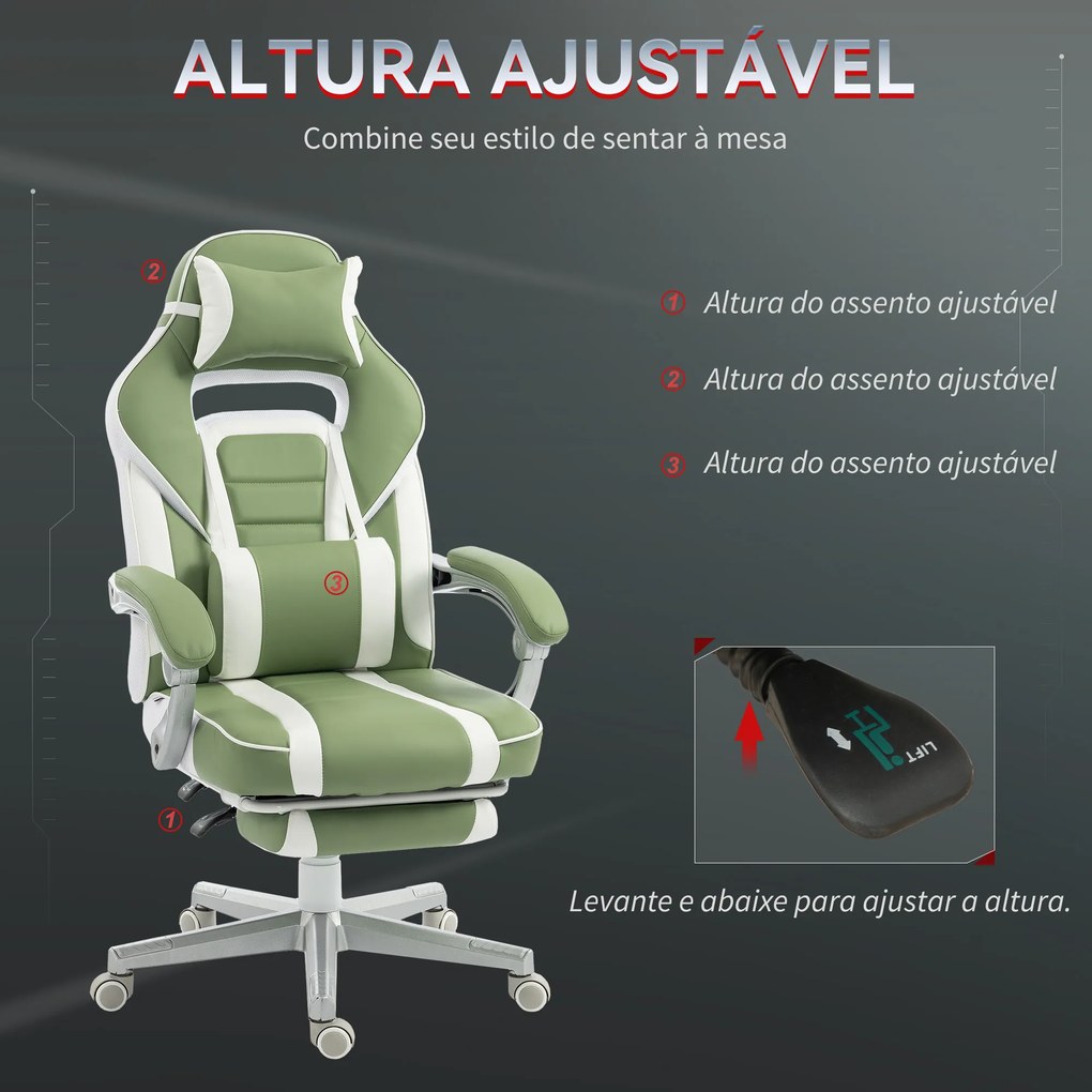 Cadeira Gamer Reclinável com Altura Ajustável Apoio para os Pés Retrátil Suporte Lombar e Almofada de Cabeça Amovível Verde