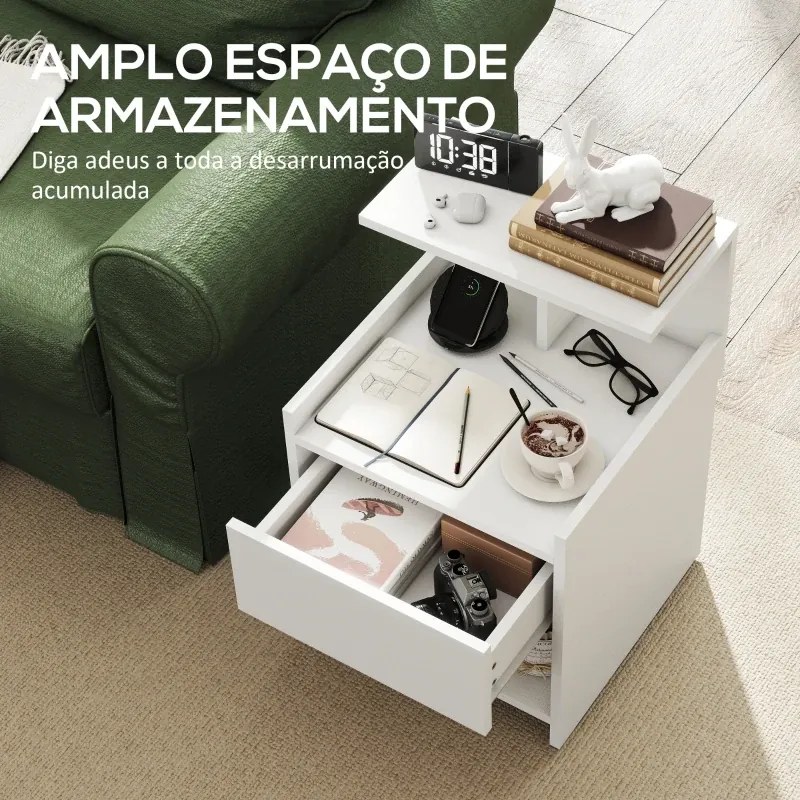 Mesa de Cabeceira 40x40x60 cm com Estação de Carregamento e Portas USB Gaveta e Prateleiras Abertas Branco