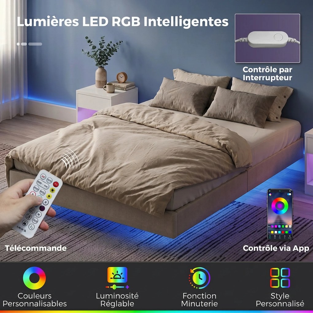 Estrutura Cama de Casal Flutuante, 201 x 162 x 27 cm (COLCHÃO NÃO INCLUIDO), Iluminação LED RGB Inteligente, Bege