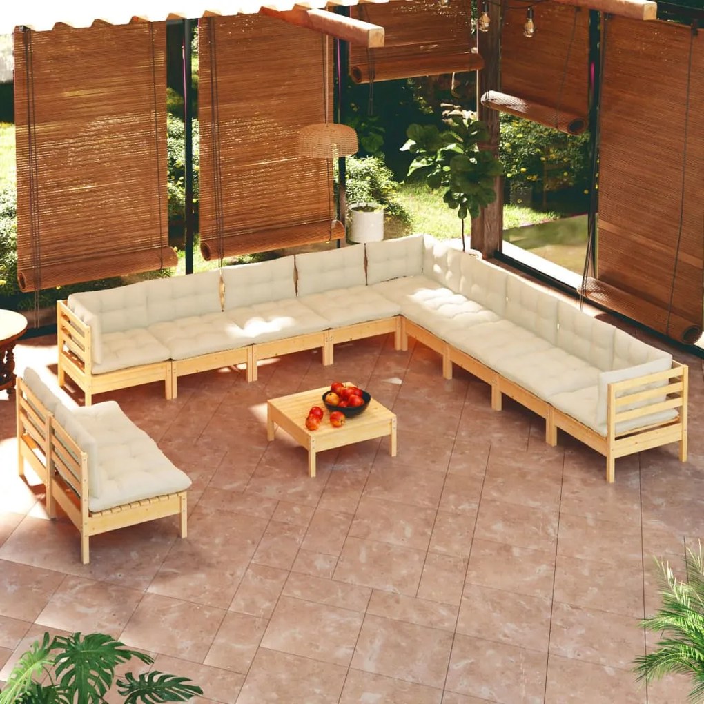 3096857 vidaXL 12 pcs conjunto lounge jardim c/ almofadões creme pinho maciço