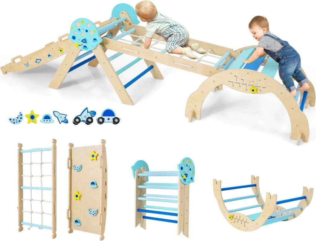 Conjunto Triângulo para escalada Bebés 8 em 1 Montessori de escalada em madeira com tema de astronauta Azul