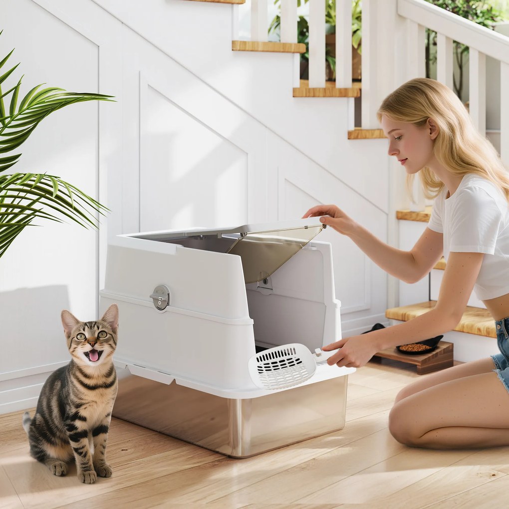 Caixa de areia fechada XL em aço inoxidável, casa de higiene para gatos de grande porte, 60,2 x 40,2 x 43,3 cm, cinzento claro