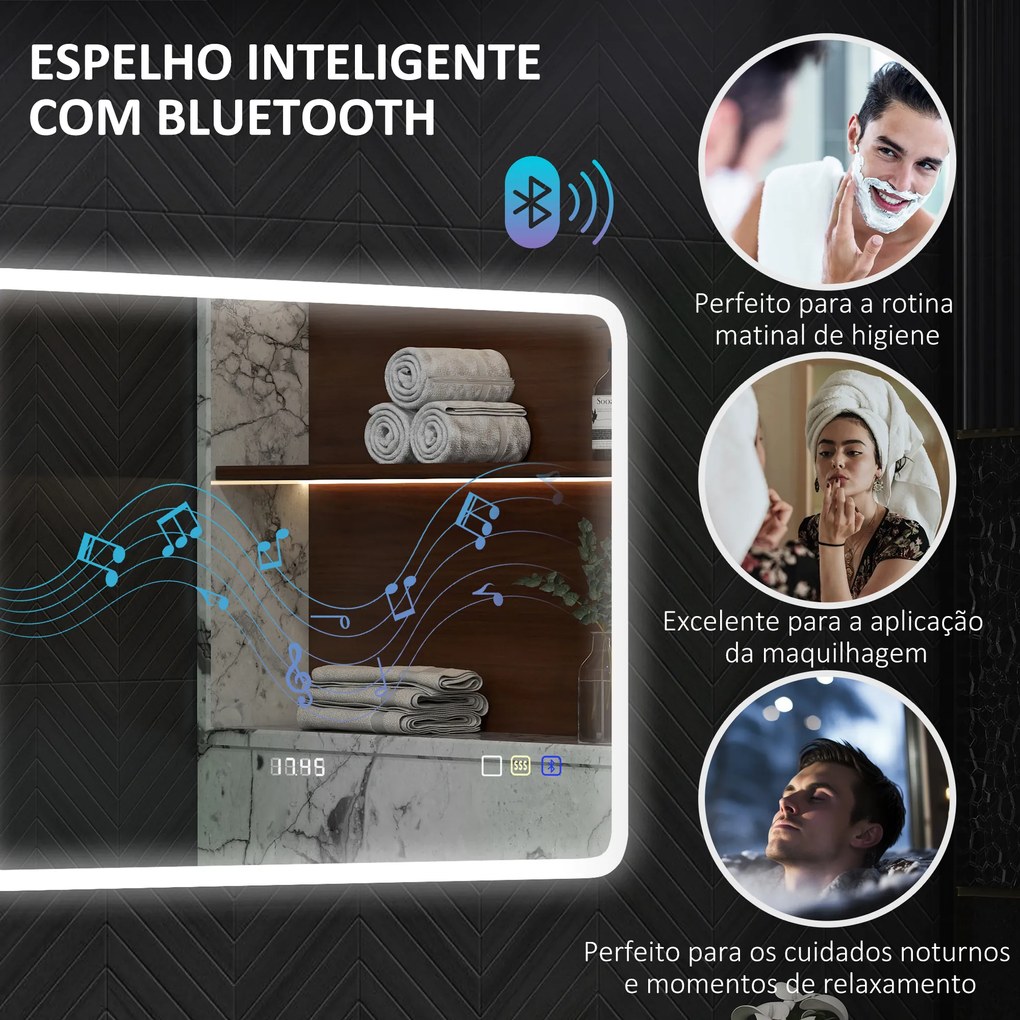 Espelho de Casa de Banho com Luz LED 80x60 cm Bluetooth 3 Cores de Luz Relógio Digital Função Antiembaciamento Função de Memória Prata