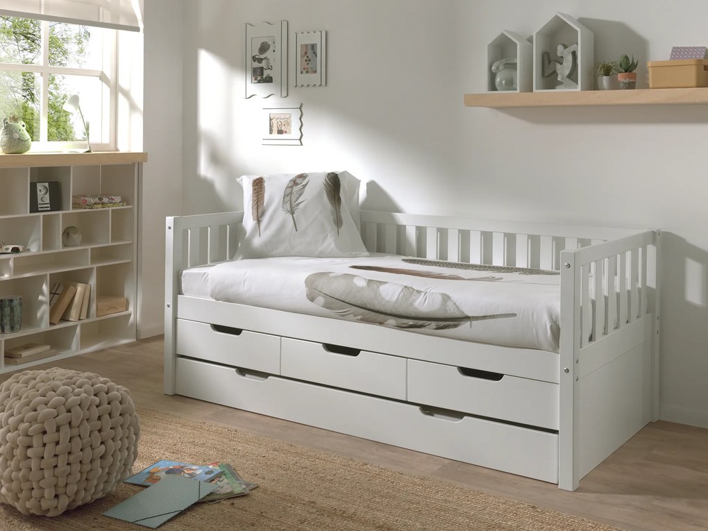 Cama infantil FRITZ (90x200) com 3 gavetas + Gaveta inferior + Estrado Branca
