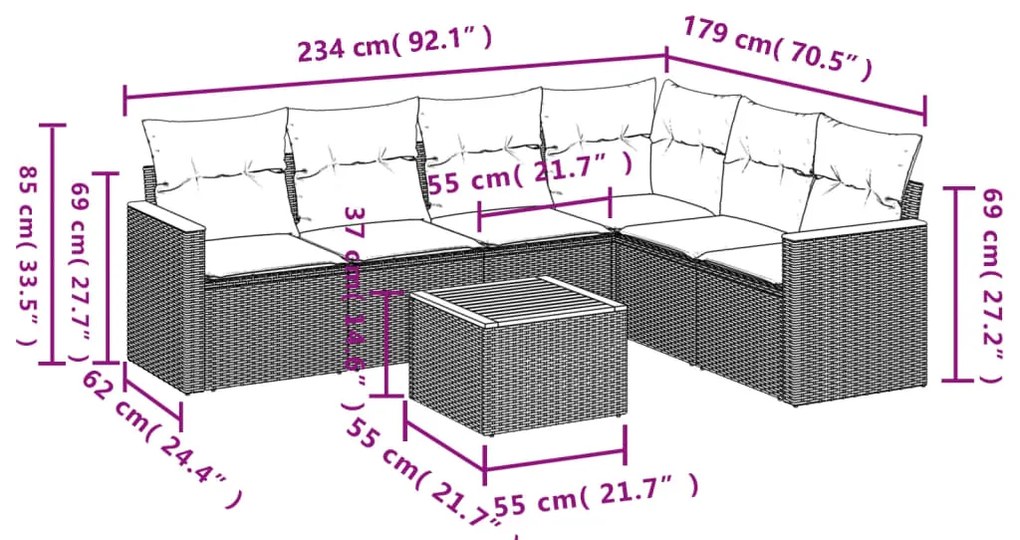 7 pcs conjunto de sofás p/ jardim com almofadões vime PE bege