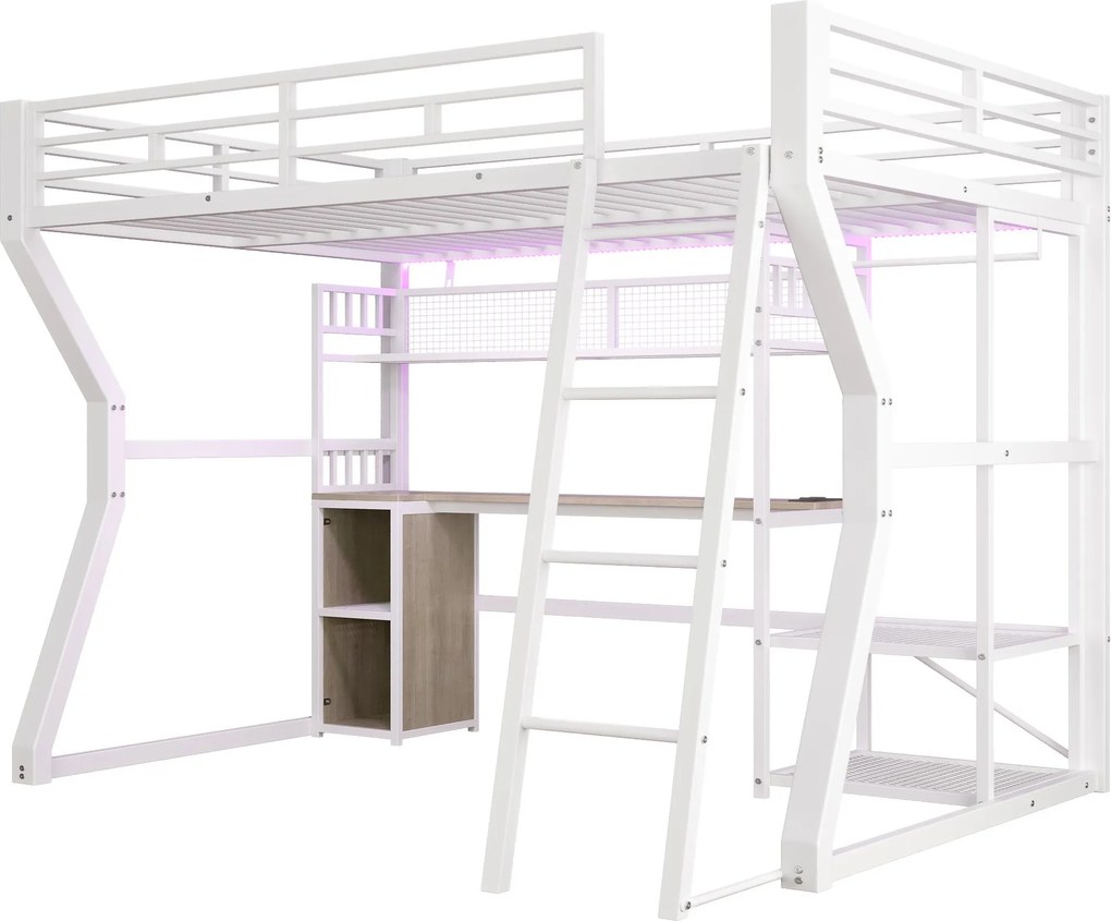 Cama alta 140x200 cm com secretária integrada, Branco | AOSOM Portugal